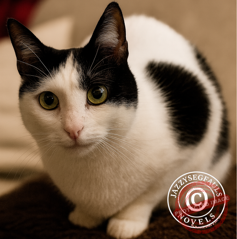 Stubborn Black and white cat supervising writing at the desk.